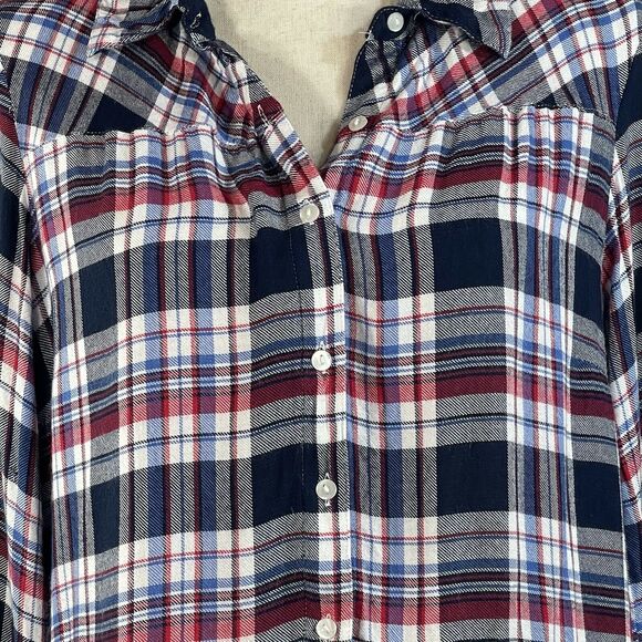 NY Collection Medium Top Plaid Hi-Low Long Sleeves Button Up Collared Multicolor - Picture 2 of 8